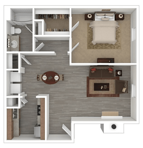Floor plan for 1 bed, 1 bath, 728 sqft